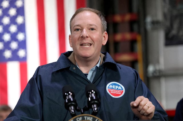 EPA Administrator Lee Zeldin, a Republican, speaks as the U.S. vice president visits East Palestine, Ohio, U.S., February 3, 2025.  Rebecca Droke/Pool via REUTERS/File Photo