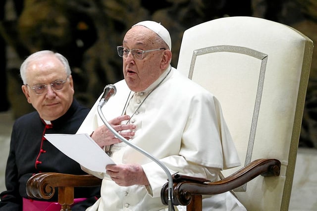 Pope Francis speaks during the weekly general audience, in Paul VI Audience Hall at the Vatican, February 12, 2025. REUTERS/Guglielmo Mangiapane, Pope Francis speaks during the weekly general audience, in Paul VI Audience Hall at the Vatican, February 12, 2025. REUTERS/Guglielmo Mangiapane