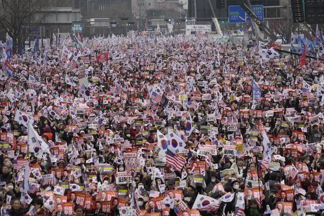 FILE - Supporters of impeached South Korean President Yoon Suk Yeol stage a rally to oppose his impeachment in Seoul, South Korea, on March 1, 2025. (AP Photo/Ahn Young-joon, File)