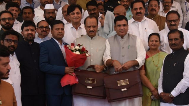 Mumbai, India - March 10, 2025:Dy CM and State Finance minister Ajit Pawar and MoS Finance Ashish Jaiswal along with other MLA's and MLC pays respect to Chattrapati Shivaji Maharaj Statue before presenting the State budget during the budget assembly session at Vidhan Bhavan, in Mumbai, India, on Monday, March 10, 2025. (Photo by Anshuman Poyrekar/ Hindustan Times) (Hindustan Times)