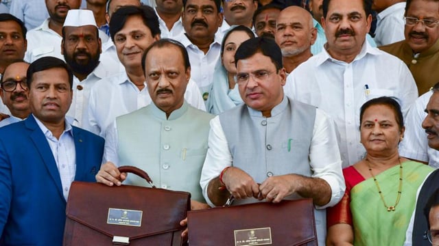 Mumbai: Maharashtra Deputy Chief Minister Ajit Pawar and MoS for Finance Ashish Jaiswal arrive to present the state Budget 2025-26 during the Budget session, in Mumbai, Monday, March 10, 2025. (PTI Photo) (PTI03_10_2025_000234B) (PTI)