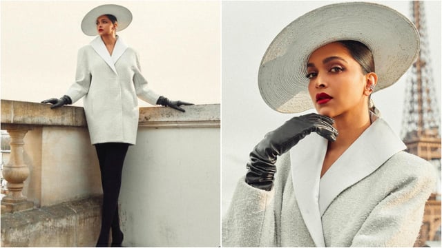 Deepika Padukone dazzles at the Louis Vuitton Fall/Winter 2025 show in a stunning beige oversized blazer dress.