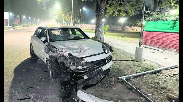The Porsche car that claimed the life of a scooterist near the petrol pump in Sector 4, Chandigarh, on Monday evening. (HT Photo)