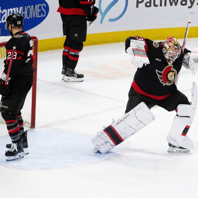 Ottawa Senators goaltender Linus Ullmark (35) celebrates his team's win over the Detroit Red Wings after a last second goal was overturned by official in third period NHL hockey action in Ottawa, on Monday, March 10, 2025. THE CANADIAN PRESS/Spencer Colby