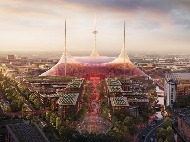 Undated handout provided by Foster + Partners of a conceptual image of what the new Manchester United stadium and surrounding area could look like. Manchester United has thrown its support behind the Government’s growth agenda by announcing its intention to pursue a new 100,000-seater stadium as the centrepiece of the regeneration of the Old Trafford area. Issue date: Tuesday March 11, 2025. PA Photo. See PA story SOCCER Man Utd. Photo credit should read Foster + Partners/PA Wire. NOTE TO EDITORS: This handout photo may only be used in for editorial reporting purposes for the contemporaneous illustration of events, things or the people in the image or facts mentioned in the caption. Reuse of the picture may require further permission from the copyright holder.