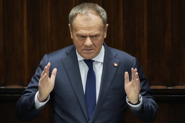 Polish Prime Minister Donald Tusk speaking at the Sejm, the lower house of parliament, in Warsaw, Poland on March 7, 2025.