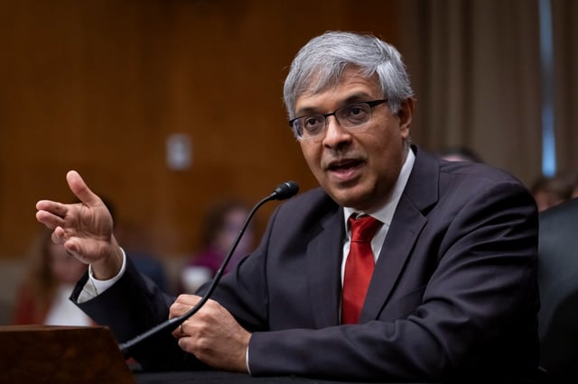 Dr. Jay Bhattacharya, President Donald Trump’s choice to be Director of the National Institutes of Health, appears before the Senate Health, Education, Labor, and Pensions Committee for his confirmation hearing, at Capitol Hill in Washington, Wednesday, March 5, 2025. (AP Photo/Ben Curtis)