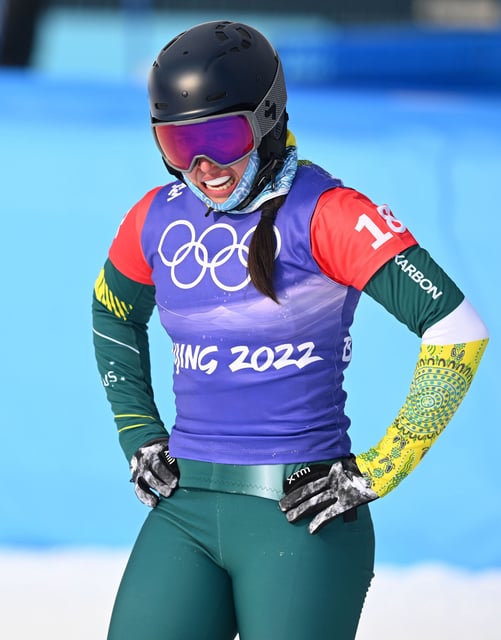 Mandatory Credit: Photo by DAN HIMBRECHTS/EPA-EFE/Shutterstock (12796500g)
Belle Brockhoff of Australia reacts during the Women's Snowboard Cross quarter finals of the Beijing 2022 Olympic Games at the Genting Snow Park in Beijing, China, 09 February 2022.
Snowboarding - Beijing 2022 Olympic Games, China - 09 Feb 2022