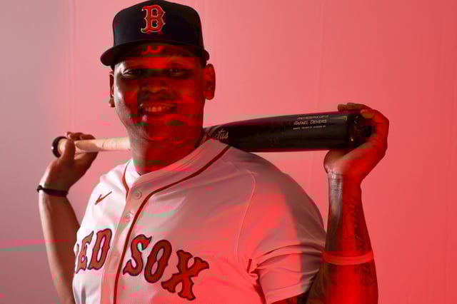 Feb 18, 2025; Lee County, FL, USA; Boston Red Sox third baseman Rafael Devers (11) participates in media day at JetBlue Park at Fenway South. Mandatory Credit: Nathan Ray Seebeck-Imagn Images/File Photo