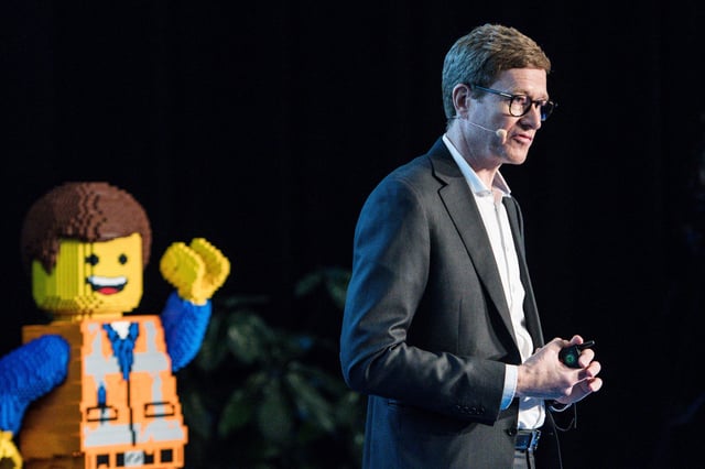 Niels Christiansen, CEO of Lego, presents the annual results of the Danish toy company during a news conference at Lego headquarters in Billund, Denmark on February 27, 2019.