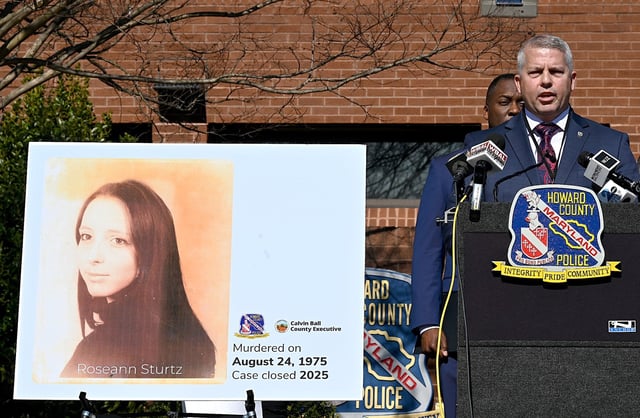 Howard County Police Cold Case Detective, Corporal Wade Zufall, answers questions about his investigation into the case. Howard County Police Chief Gregory Der was joined by Howard County Executive Calvin Ball and Howard County State’s Attorney Rich Gibson to announce the closure of the 1975 cold case homicide of 20-year-old Roseann Sturtz. (Jeffrey F. Bill/Staff)