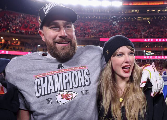 Taylor Swift celebrates with Travis Kelce #87 of the Kansas City Chiefs after defeating the Buffalo Bills 32-29 in the AFC Championship Game at GEHA Field at Arrowhead Stadium on January 26, 2025 in Kansas City, Missouri.