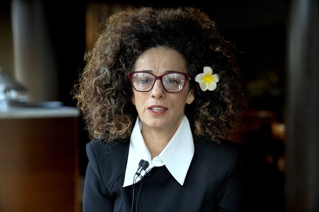 FILE - Masih Alinejad, 48, a prominent Iranian American human rights activist attends an interview with the Associated Press in Berlin, Germany, Saturday, Nov. 9, 2024. (AP Photo/Ebrahim Noroozi, File)