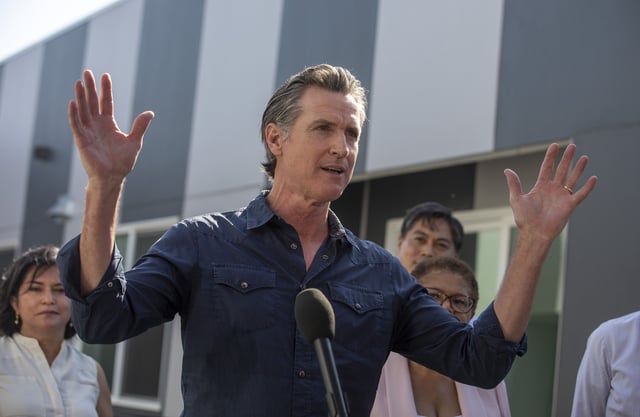 Gov. Gavin Newsom speaks a Homekey site to announce the latest round of awards for homeless housing projects across the state on Wednesday, Aug. 24, 2022 in Los Angeles.