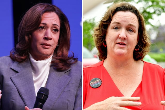 Former Vice President Kamala Harris speaks during the HumanX AI Conference in Las Vegas, Nevada on March 9, 2025, while former Representative Katie Porter speaks at a press conference in Irvine, California on May 28, 2023.