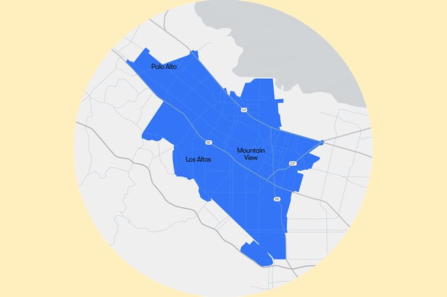Waymo’s newly announced Peninsula service map includes most of Palo Alto, Mountain View and Los Altos and a small wedge of Sunnyvale.