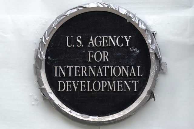 The sign of the former U.S. Agency for International Development is seen at the former building in Washington, Thursday, Feb. 27, 2025.
