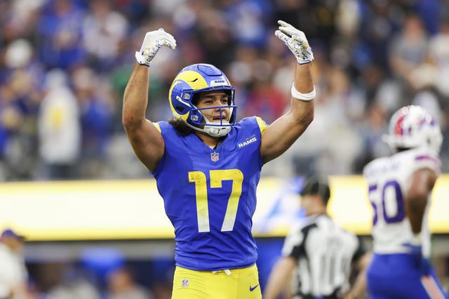 Puka Nacua #17 of the Los Angeles Rams celebrates after a touchdown in the third quarter of a game against the Buffalo Bills at SoFi Stadium on December 08, 2024 in Inglewood, California.