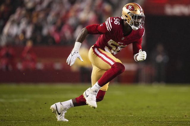 SANTA CLARA, CA - DECEMBER 12: Leonard Floyd #56 of the San Francisco 49ers rushes the passer during an NFL football game against the Los Angeles Rams at Levi&#39;s Stadium on December 12, 2024 in Santa Clara, California.