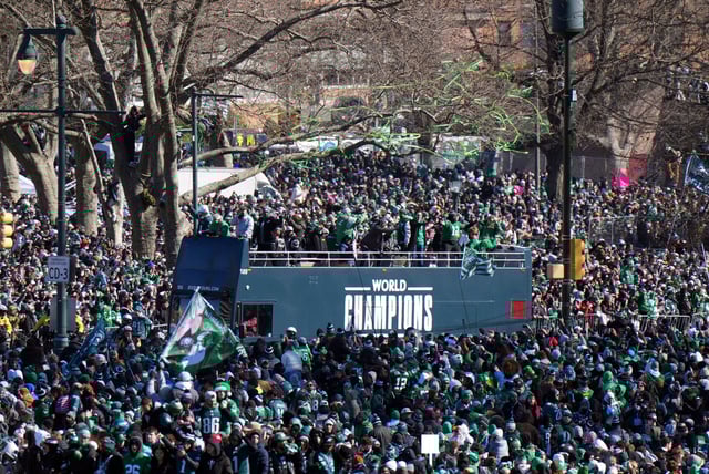 Feb 14, 2025; Philadelphia, PA, USA; A general view as a bus carrying members of the Philadelphia Eagles makes its way through the street during the Super Bowl LIX championship parade and rally. Mandatory Credit: Kirby Lee-Imagn Images/File Photo
