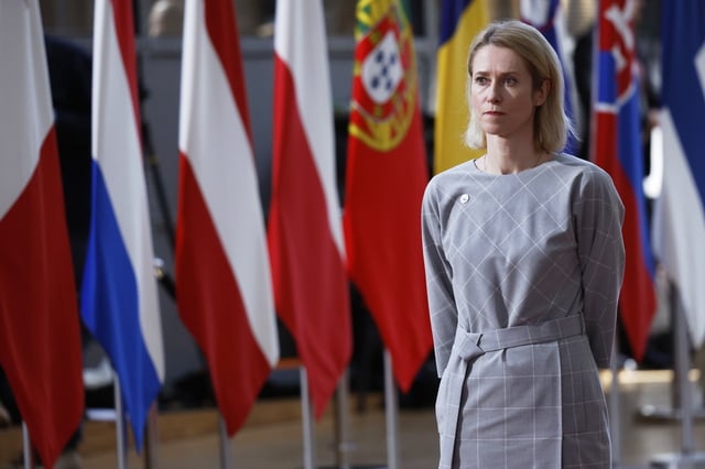 European Union foreign policy chief Kaja Kallas arrives for an EU Summit at the European Council building in Brussels, Thursday, March 6, 2025. (AP Photo/Omar Havana)