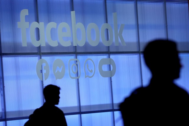 The Facebook logo is displayed during the F8 Facebook Developers conference on April 30, 2019 in San Jose, California.