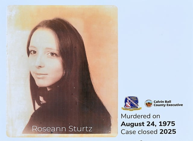 A photo of Roseann Sturtz is displayed at the news conference. Howard County Police Chief Gregory Der was joined by Howard County Executive Calvin Ball and Howard County State’s Attorney Rich Gibson to announce the closure of the 1975 cold case homicide of 20-year-old Roseann Sturtz. (Jeffrey F. Bill/Staff)