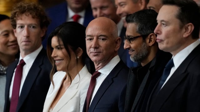 Mark Zuckerberg, Lauren Sánchez and her partner Jeff Bezos, Alphabet’s Sundar Pichai and Elon Musk were among guests at President Trump’s inauguration