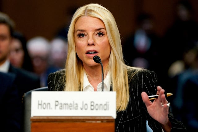 U.S. Attorney General Pam Bondi, then as U.S. President-elect Donald Trump's nominee, testifies at a Senate Judiciary Committee confirmation hearing on Capitol Hill in Washington, U.S., January 15, 2025. REUTERS/Elizabeth Frantz/File Photo