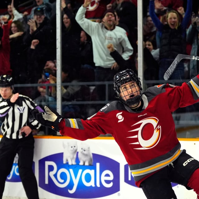 Ottawa Charge's Alexa Vasko (10) celebrates a goal against the Minnesota Frost during third period PWHL hockey action in Ottawa, on Tuesday, March 11, 2025. THE CANADIAN PRESS/Justin Tang