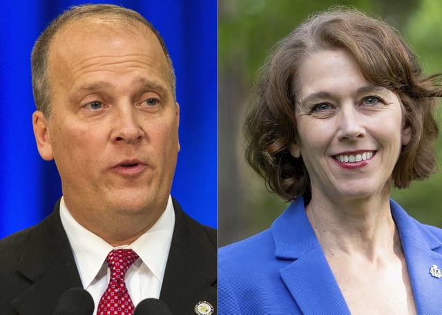 FILE - This combination of file photos shows Brad Schimel, former Republican attorney general Brad Schimel, in Madison, Wis., Jan. 5, 2015, and Susan Crawford in June 2024. (AP Photo/Andy Manis, Susan Crawford for Wisconsin, File)