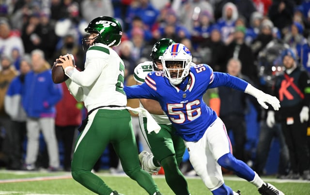 Nov 19, 2023; Orchard Park, New York, USA; Buffalo Bills defensive end Leonard Floyd (56) prepares to sack New York Jets quarterback Zach Wilson (2) in the second quarter at Highmark Stadium. Mandatory Credit: Mark Konezny-USA TODAY Sports/File Photo