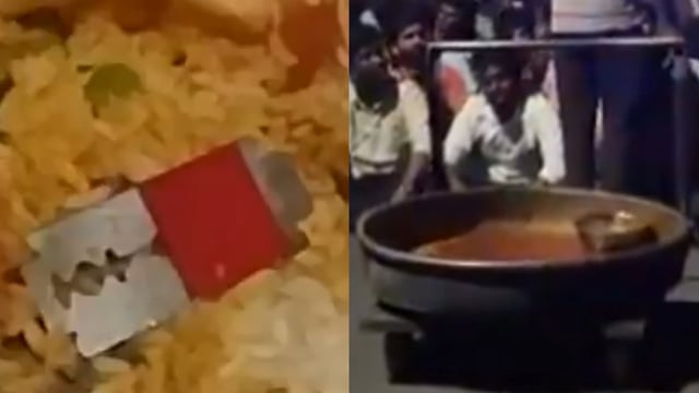 Students protest at Osmania University after a razor blade was found in a curry vessel during dinner. (Screengrab)