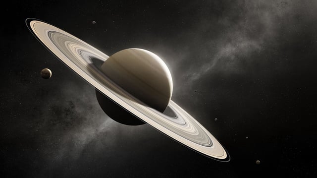 Planet Saturn in deep space with major moons.