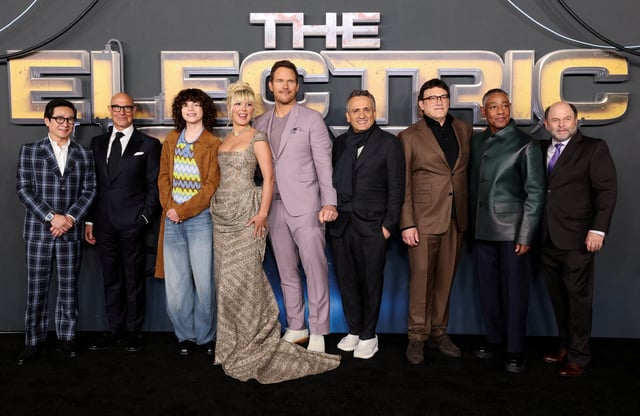 Directors Anthony and Joe Russo, cast members Millie Bobby Brown, Chris Pratt, Ke Huy Quan, Jason Alexander, Woody Norman, Giancarlo Esposito, and Stanley Tucci attend a premiere for the film "The Electric State" in Los Angeles, U.S., February 24, 2025.  REUTERS/Mario Anzuoni/File Photo