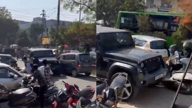 Screengrabs of the video showing a Thar driving ramming into several vehicles in Noida Sector 16 