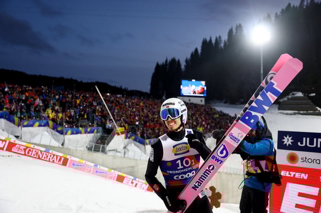 Nordic Skiing - FIS Nordic World Ski Championships - Trondheim, Norway - March 6, 2025 Norway's Johann Andre Forfang reacts after his second jump during the men's ski jumping team large hill HS138 REUTERS/Kai Pfaffenbach/ File Photo