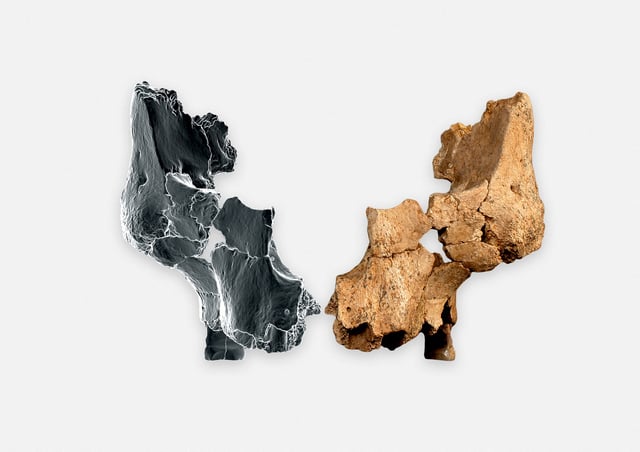 A handout image shows the fossil of the left midface of a hominin assigned to Homo affinis erectus, that was recovered at level TE7 of the Sima del Elefante archaeological site at Spain's Sierra de Atapuerca, alongside the representation of the right side of the midface, which is mirrored by means of virtual 3D imaging techniques, in this undated handout image released on March 12, 2025. Maria D. Guillen/IPHES-CERCA/Handout via REUTERS