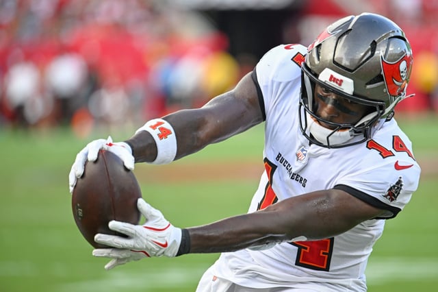 Tampa Bay Buccaneers wide receiver Chris Godwin extends his arms with the ball over the goal line to score a touchdown against the Washington Commanders during the second half of an NFL football game Sunday, Sept. 8, 2024, in Tampa, Fla. (AP Photo/Jason Behnken)