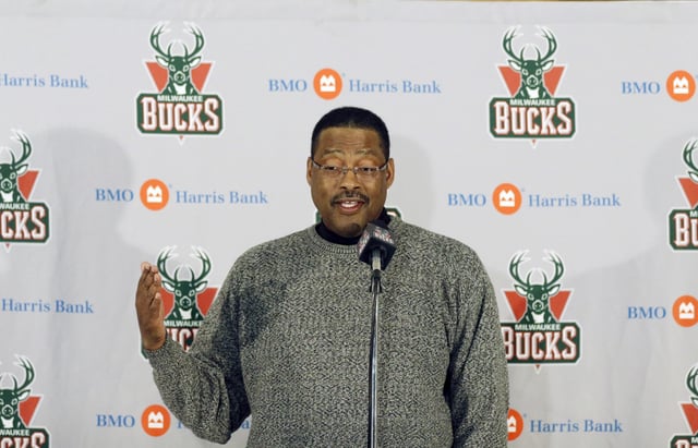 Junior Bridgeman talks to the media before an NBA basketball game between the Milwaukee Bucks and Brooklyn Nets Saturday, March 1, 2014, in Milwaukee.