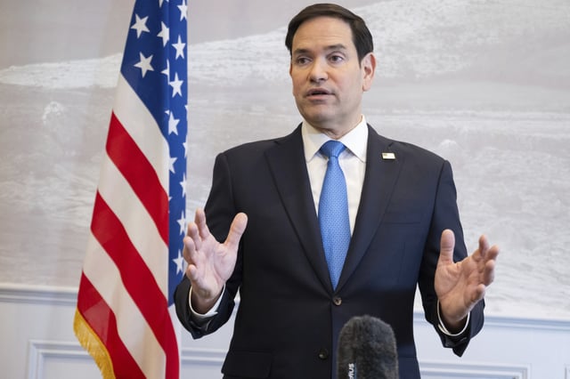 US Secretary of State Marco Rubio speaking to the press during a refueling stop at Shannon Airport in Shannon, Ireland on March 12, 2025.