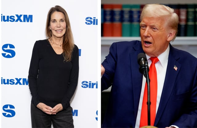 (Left) Patti Davis visits the SiriusXM Studios on February 07, 2024 in New York City. (Right) President Donald Trump takes a question from a reporter in the Roosevelt Room of the White House on March 3, 2025 in Washington, DC.