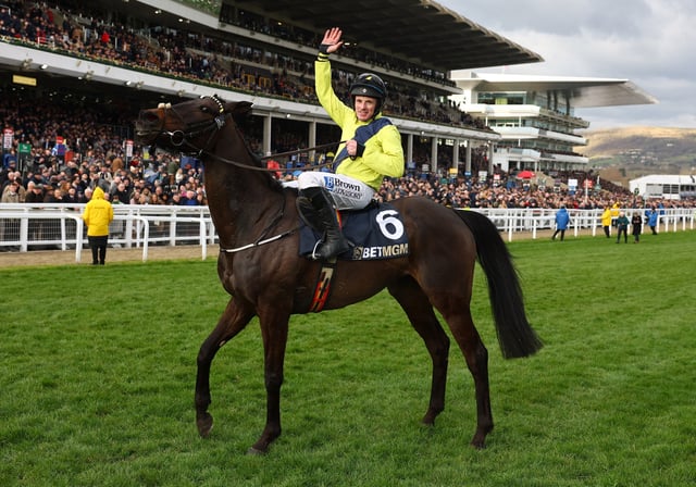 Horse Racing - Cheltenham Festival - Cheltenham Racecourse, Cheltenham, Britain - March 12, 2025 Sean Flanagan riding Marine Nationale celebrates after winning the 16:00 BetMGM Queen Mother Champion Chase REUTERS/Matthew Childs