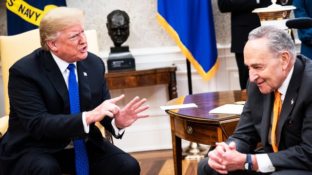 President Donald J. Trump debates with Senate Minority Leader Chuck Schumer, D-N.Y., during a meeting with House Minority Leader Nancy Pelosi, D-Calif., and Vice President Mike Pence in the Oval Office of White House on Tuesday, Dec. 11, 2018 in Washington, DC.