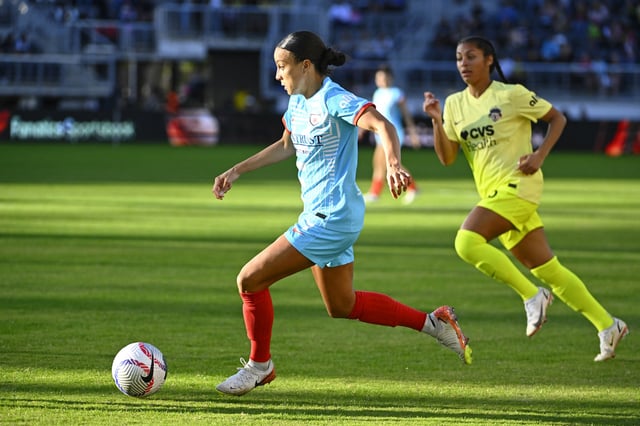Oct 20, 2024; Washington, District of Columbia, USA; Chicago Red Stars forward Mallory Swanson (9) dribbles the ball against the Washington Spirit during the first half at Audi Field. Mandatory Credit: Brad Mills-Imagn Images/File Photo