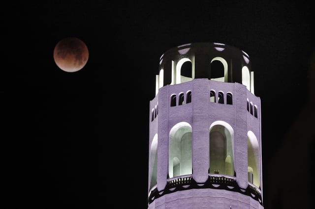 During a 2018 lunar eclipse, the Blood Moon was visible above Coit Tower.