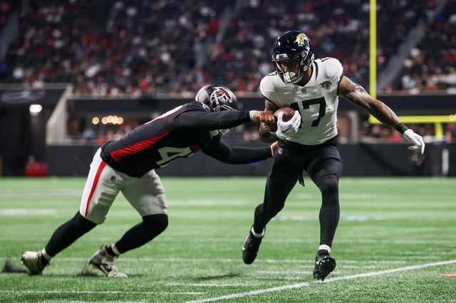 Aug 23, 2024; Atlanta, Georgia, USA; Jacksonville Jaguars tight end Evan Engram (17) is pushed out of bounds by Atlanta Falcons linebacker Bradlee Anae (47) in the second quarter at Mercedes-Benz Stadium. Mandatory Credit: Brett Davis-USA TODAY Sports/File Photo
