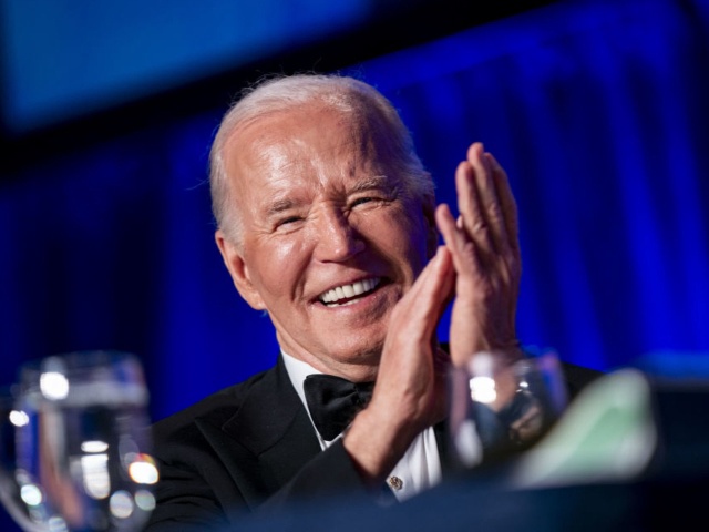 US President Joe Biden laughs during the White House Correspondents' Association (WHCA) dinner in Washington, DC, US on Saturday, April 27, 2024. The annual dinner raises money for WHCA scholarships and honors the recipients of the organization's journalism awards. Photographer: Bonnie Cash/UPI/Bloomberg