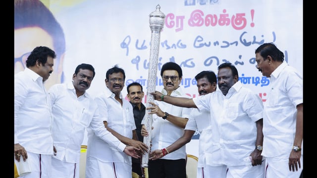 Tamil Nadu chief minister MK Stalin addresses a gathering during a public meeting at Tiruvallur district in Tamil Nadu on Wednesday. (PTI)