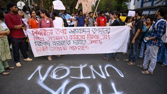 Students of Jadavpur University and other Left student organisations stage a rally to demand the Government announce the student union election date in colleges and allegedly protest against TMC members and education minister Bratya Basu for the March 1 violent clash at JU campus in Kolkata,